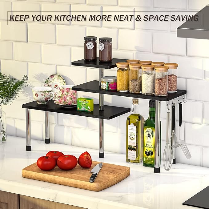 ZHWS Bathroom Counter Organizer Corner Shelf – Bathroom Organization Bamboo 3 Tier Spice Rack Makeup Organizer Bookshelf Space Saving Rack Kitchen Office Living Room, Black
