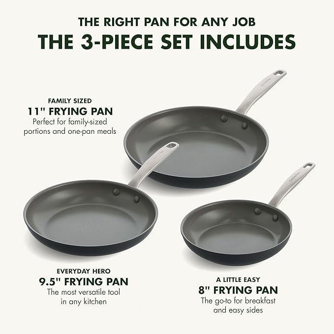 GreenPan Chatham Hard Anodized Healthy Ceramic Nonstick, 8" 9.5" and 11" 3 Piece Frying Pan Skillet Set, PFAS-Free, Dishwasher Safe, Oven and Broiler Safe, Gray