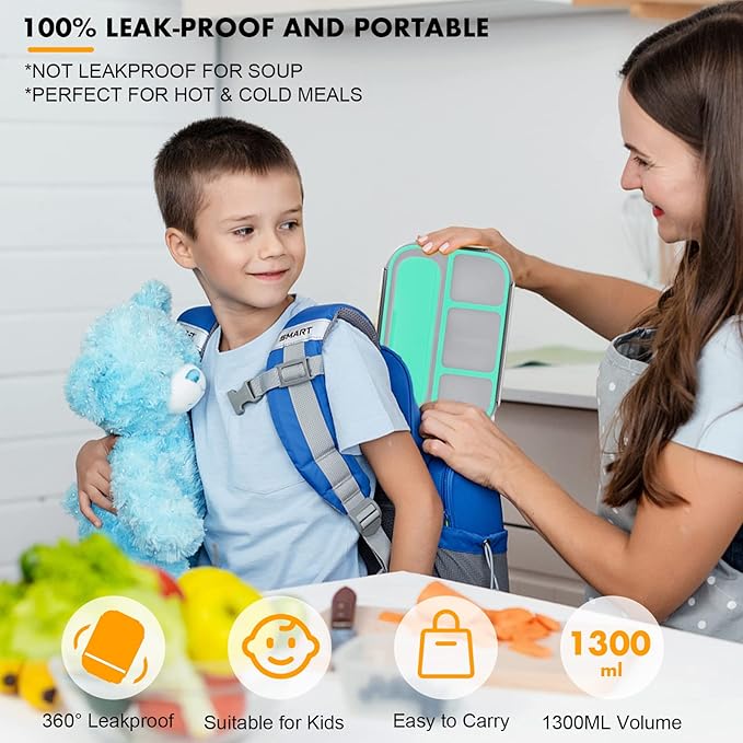 Bento Box, 1300ML Adult & Kids Lunch Box with 4 Compartment & Food Picks, Cake Cups, Leak-Proof, Microwave/Dishwasher/Freezer Safe (Green)
