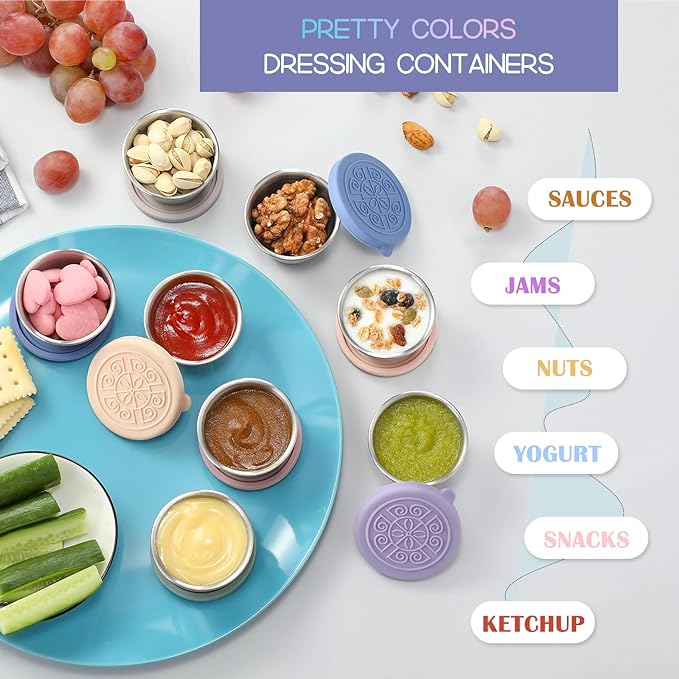 VITEVER [6 Pack] Salad Dressing Container To Go, 1.6 oz Small Condiment Containers with Lids, Reusable Stainless Steel Sauce Cups , Leakproof Silicone Lids for Lunch Bento Box, Picnic and Travel