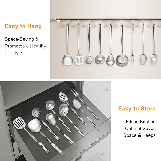 18/10 Stainless Steel Kitchen Utensils Set,9 Pcs Professional All Metal Cooking Utensils Set with Wok Spatula,Soup Ladle,Skimmer,Slotted Spatula Turner,Spaghetti Spoon,Large Spoon(Dishwasher Safe)