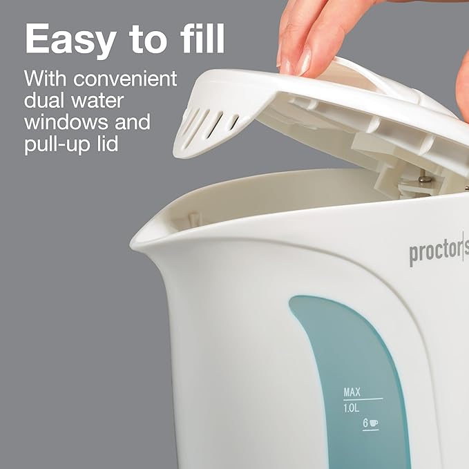 Proctor Silex Electric Tea Kettle, Water Boiler & Heater Auto-Shutoff & Boil-Dry Protection, 1000 Watts for Fast Boiling, 1 Liter, White (Pack of 2)