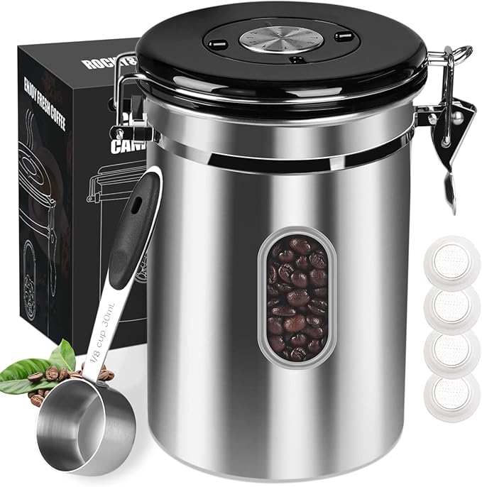 1800ML Airtight Coffee Canister with Date Tracker&Transparent Window, 22.8OZ Coffe Beans Storage with 30ML Measure Spoon&4 co2 Valve, Coffee Container for Grounds Coffee, Beans, Tea, Sugar(Silver)
