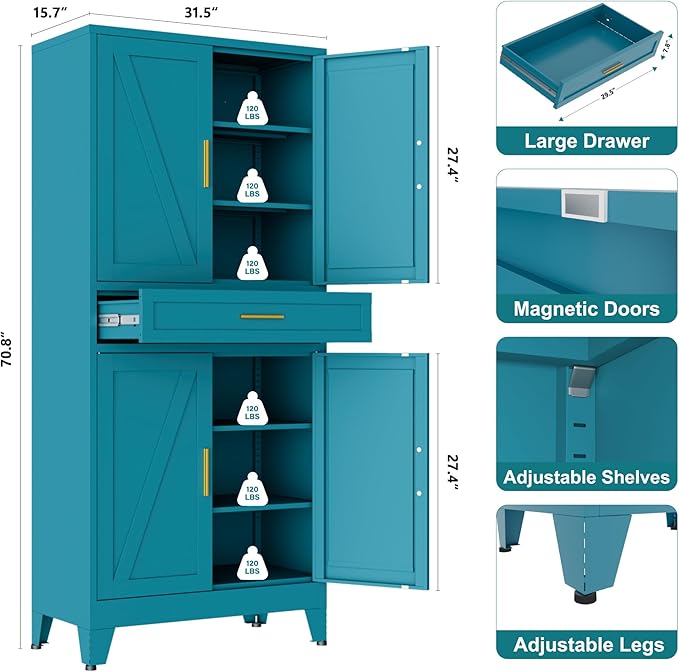71" Tall Pantry Storage Cabinet with Drawer and Adjustable Shelves, Freestanding Tall White Kitchen Cupboard Storage Cabinet for Kitchen,Dining Room, Living Room, Blue