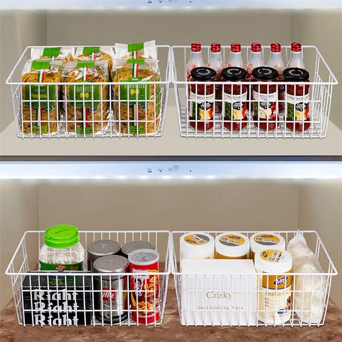 SANNO Freezer Baskets Pantry Storage Bins, Farmhouse Wire Storage Baskets Organizer Storage Bins Large Organizer Bins for Kitchen Organization Storage-Set of 8,White