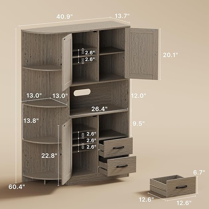 Gizoon 60.4" Pantry Cabinet with Coffee Bar, Tall Kitchen Pantry Storage Cabinet with Microwave Stand and 2 Drawers, Farmhouse Hutch with 4 Open Tiers for Dining Room and Kitchen Organization, Grey