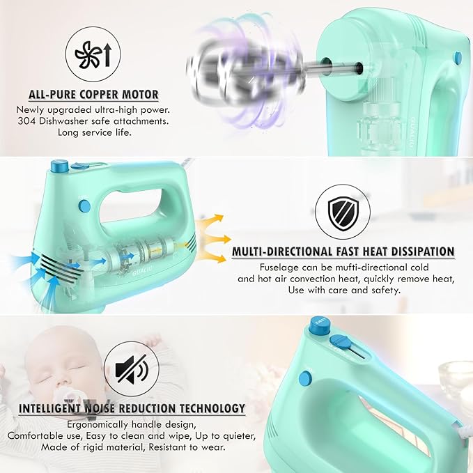 Electric Hand Mixer with Stainless Steel Whisk, Dough Hook Attachment and Storage Bag, Handheld Mixer for Baking Cakes, Eggs, Cream Food Mixers. Turbo Boost /5 Speed Kitchen Blender GREEN