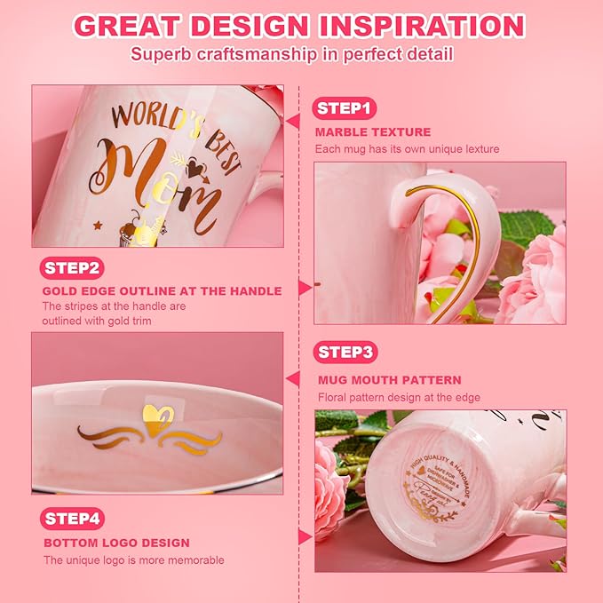 Birthday Gifts for Mom from Daughter Son Kids - Funny Birthday Gift Ideas for Mothers Wife Women - 14Oz Marble Ceramic Best Mom Coffee Mug with Lid Spoon Card, Box, Unique Moms Cup Gifts-Boxed Set
