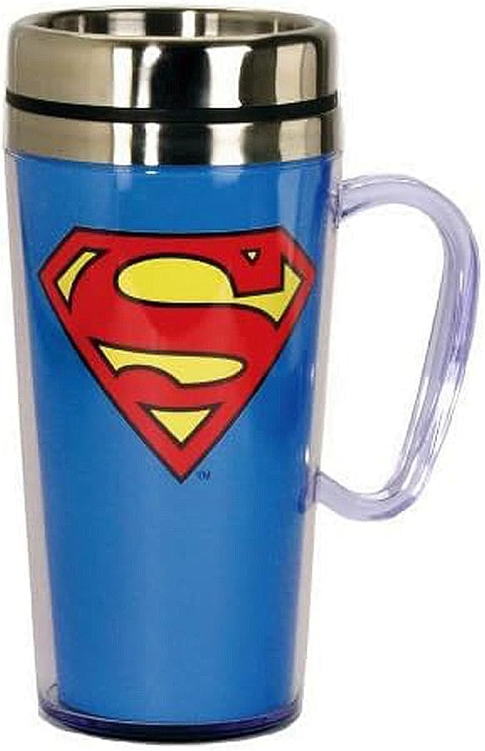 Spoontiques - Insulated Travel Mug - Superman Logo Coffee Cup - Coffee Lovers Gift - Funny Coffee Mug - 15 oz - Blue