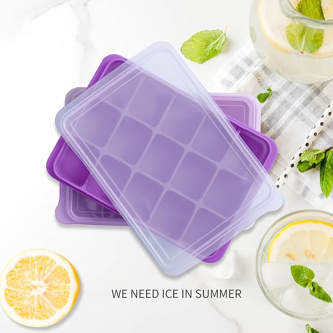 Tvmania Ice Cube Trays Set of 2, Easy Release 15 Flexible Silicone Ice Cube Molds with Removable Lid Reusable Freezer Ice Trays Stackable for Whiskey, Baby Food, BPA Free (purple)