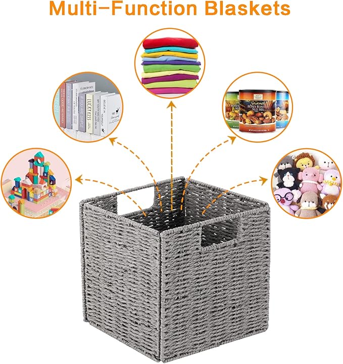 Vagusicc Storage Basket, Set of 2 Hand-Woven Paper Rope Wicker Baskets for Storage, Foldable Cube Storage Bins Organizer, 9 inch Medium Wicker Storage Baskets for Shelves Pantry Organizing Decor, Grey