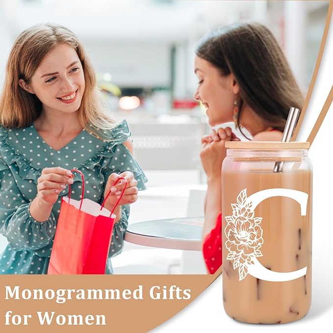 Coolife Initial Glass Cup, Monogrammed Gifts for Women, 16 oz Glass Cups w/Lids Straws, Iced Coffee Smoothie Beer Tumbler w/Straw Lid - Personalized Christmas, Birthday Gifts for Her Mom Friend Woman