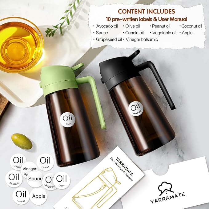 YARRAMATE 16oz/470ml Light Blocking Oil Sprayer for Cooking with Stickers, Food-Grade 2 in 1 Olive Oil Dispenser Bottle for Kitchen, Premium Dark Amber Glass Oil Bottle for Air Fryer, BBQ(Green)