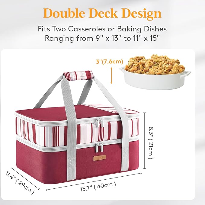 LUNCIA Double Decker Insulated Casserole Carrier for Hot or Cold Food, Lasagna Lugger Tote for Potluck Parties/Picnic/Cookouts, Fits 9"×13" Baking Dish, Red