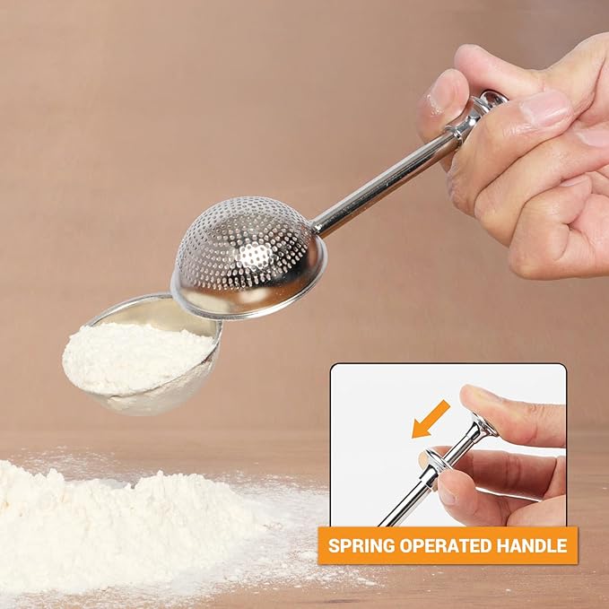 HULISEN Set of 2 Flour Duster for Baking, Powdered Sugar Shaker Duster, 18/8 Stainless Steel Pick Up and Dust Flour Sifter with Spring-operated Handle for Easy One-handed Operation