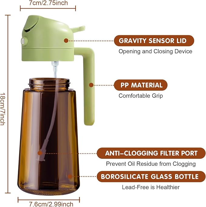 YARRAMATE 16oz/470ml Light Blocking Oil Sprayer for Cooking with Stickers, Food-Grade 2 in 1 Olive Oil Dispenser Bottle for Kitchen, Premium Dark Amber Glass Oil Bottle for Air Fryer, BBQ(Green)