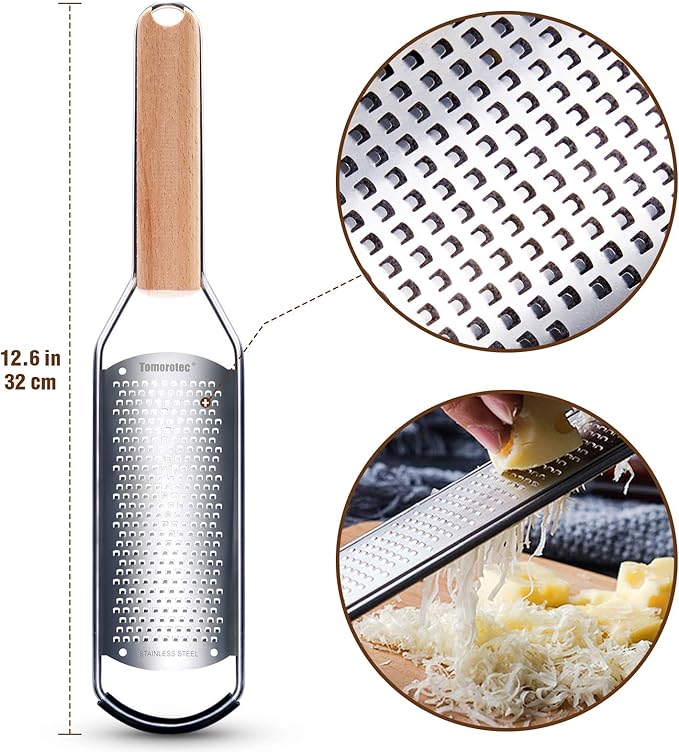 Stainless Steel Cheese Grater with Natural Wood Handle for Parmesan Cheese Lemon, Ginger, Cheese, Nutmeg, Potato, Chocolate and Garlic Small