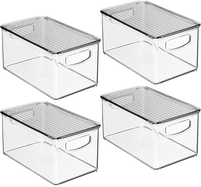 mDesign Plastic Deep Storage Bin Box Container with Lid and Built-In Handles - Organization for Fruit, Snacks, or Food in Kitchen Pantry, Cabinet, Cupboard, Ligne Collection, 4 Pack, Clear/Smoke Gray