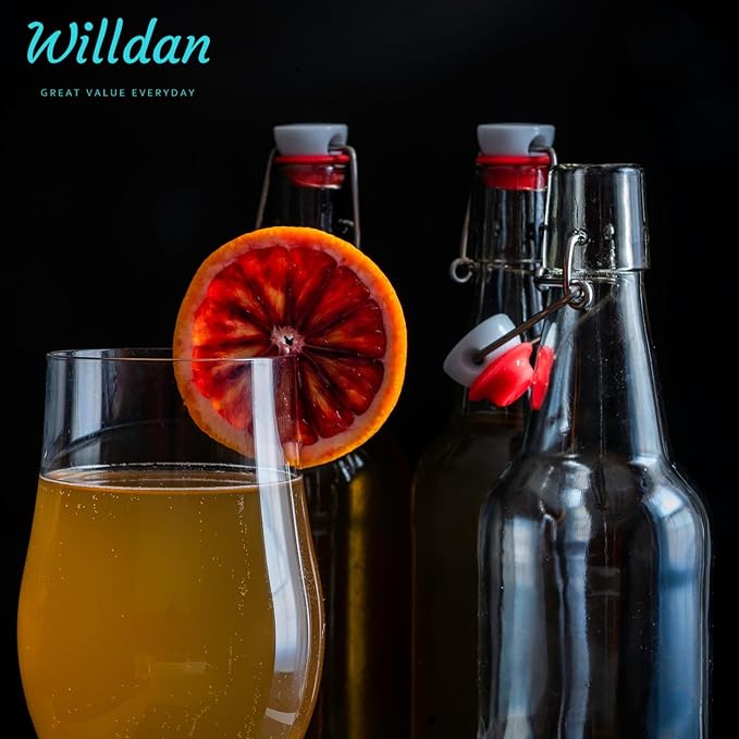 WILLDAN Set of 6-16oz Swing Top Glass Bottles - Flip Top Brewing Bottles For Kombucha, Kefir, Vanilla Extract, Beer - Airtight Caps and Leak Proof Lids, Bonus Gaskets and Funnel
