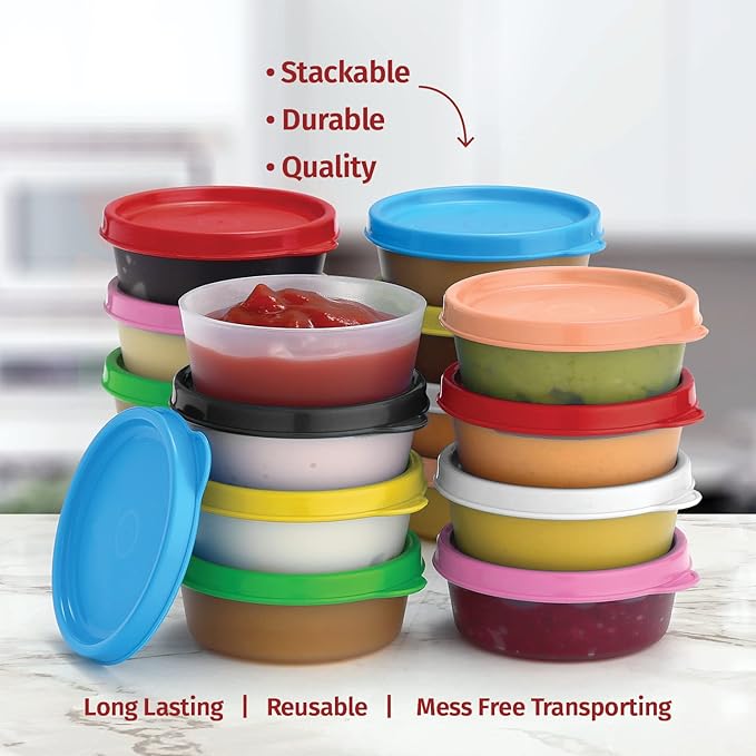 Condiment Cups Containers with Lids- 16 pk. 2.3 oz.Salad Dressing Container to go Small Food Storage Containers with Lids- Sauce Cups Leak proof Reusable Plastic BPA free for Lunch Box Picnic Travel