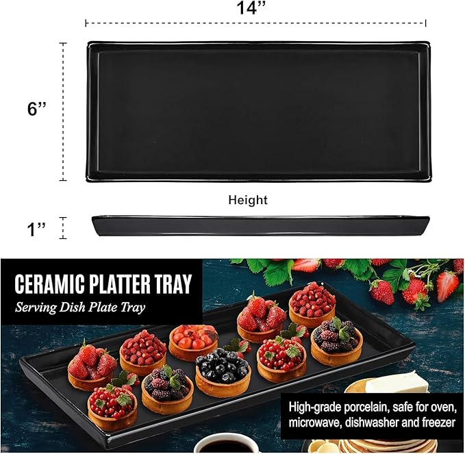 Set of 4 Rectangular Serving Plastic Platters 14 x 6 Inches Versatile Dishes for Entertaining, Perfect for Appetizers, Desserts, Cheese Boards, Charcuterie, and Sushi (Black)