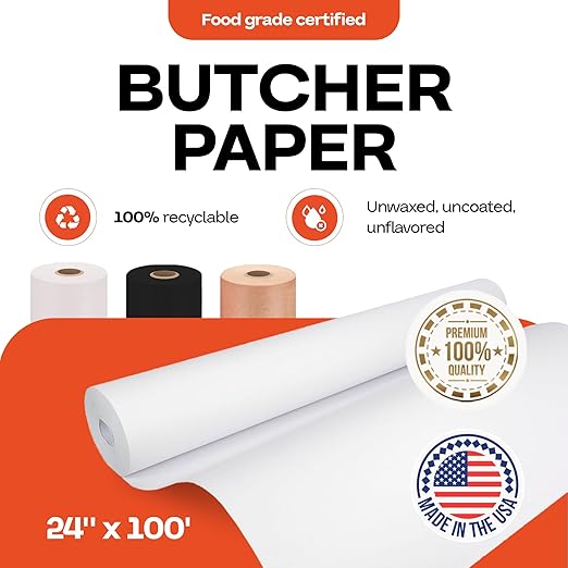 White Butcher Paper Roll 24" x 1200" (100 feet) - USA-Made Natural Food-Grade Paper for Cooking Meat and Fish - Unwaxed Material for Smoker, BBQ & Grilling by IDL Packaging