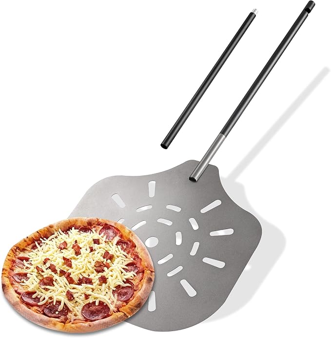 Pizza Peel 12" Metal Pizza Paddle with Adjustable 28"–42" Handle, Heat Resistant Pizza Spatula for Family Pizza Oven Baking Pizza, Dough, Bread