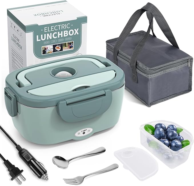 Electric Lunch Box Food Heater, 3 in 1 Ultra Quick Heated Lunch Boxes for Adults, 12V/24V/110V Portable Food Warmer for Car/Truck/Office With Fork Spoon and Insulated Carry Bag