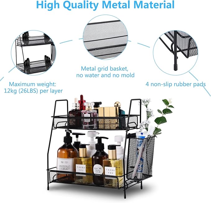 LEMIKKLE Countertop Organizer for Bathroom Counter, The Organizer for Bedroom, Spice Rack Organizer for Kitchen Counter Shelf with Small Basket(Black)