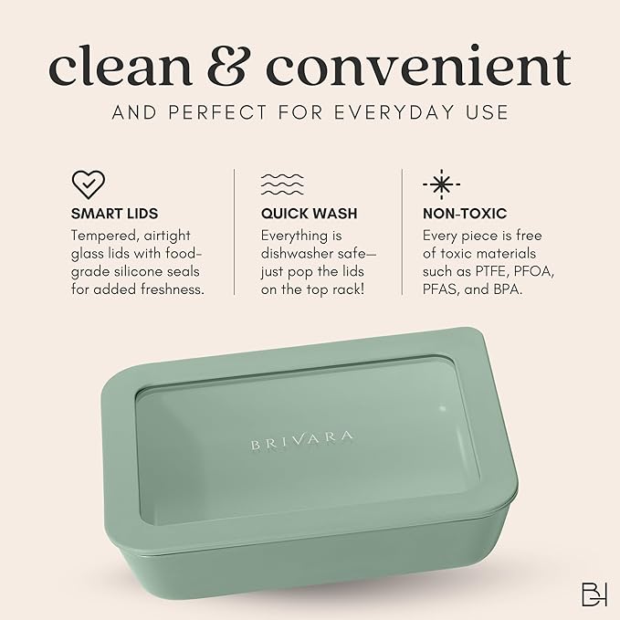 Ceramic Coated Glass Food Storage Container | No PTFE, PFOA, PFAS, and BPA | Reusable Non Toxic Meal Prep Container with Glass Lid | Easy To Store | 6 Cup Rectangle [Willow]