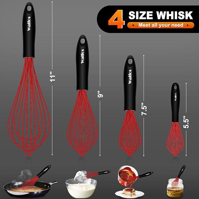 Walfos Whisk,Silicone Whisk Non Scratch-Whisks for cooking set of 4 Heat Resistant(480°F).Nice for Blending Beating Stirring and Kitchen Cooking &Baking.BPA Free and Dishwasher safe.(5+7+9+11inch )Red