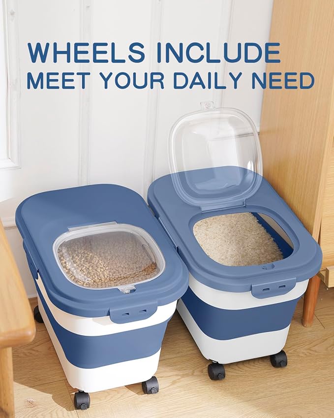 20-30 Lbs Rice Storage Container,Collapsible Food Storage Containers with Rolling Wheel Airtight Locking Lid,Flour Storage Container with Cup and Scoop,Suitable for Food,Rice,Pet Food,Flour