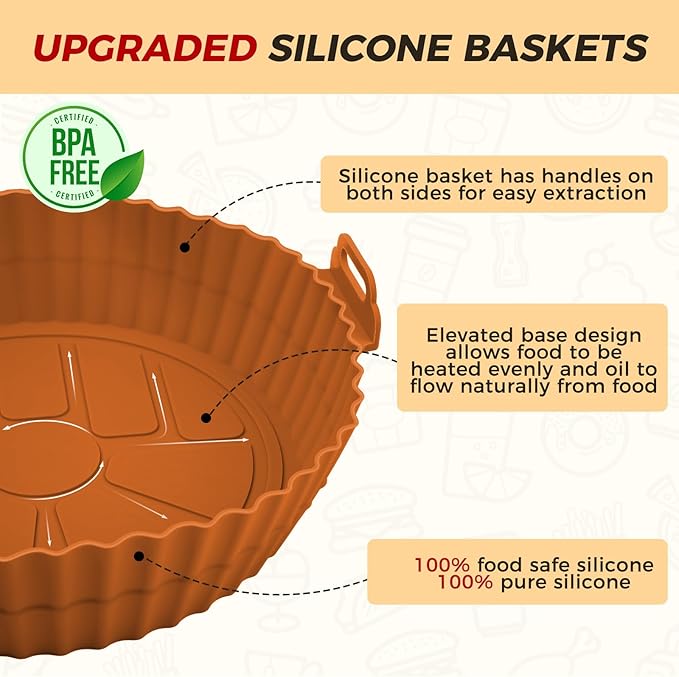 Beauty 3 Pack Air Fryer Liners - 8 Inch Silicone Pot, Reusable Food Grade, Baking Basket Accessories, Replacement for Flammable Disposable Parchment Paper