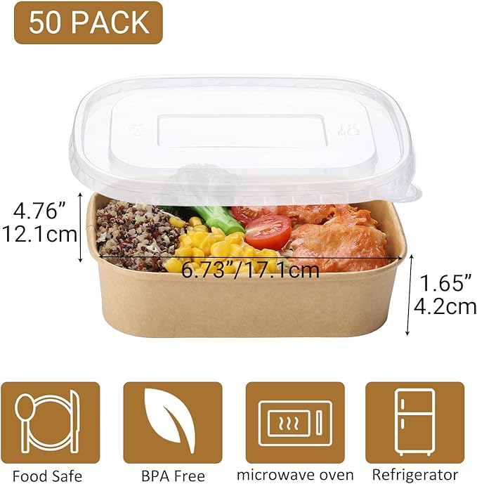 50 Sets 17oz Disposable Kraft Paper Bowls with Lids, Rectangle Paper Food Containers with Lids, Salad Bowls for Hot/Cold Food, Soup, Meal Prep, Ice Cream, Takeout, Party Supplies(500ml)