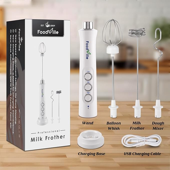 MF09 3 in 1 Rechargeable Milk Frother Handheld Foam Maker with Charging Stand & 3 Stainless Steel Whisks (White without Case)