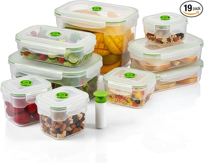 Lasting Freshness Vacuum Seal Food Storage Containers with Hand Pump – BPA-Free Plastic, Airtight Meal Prep & Leftovers Containers, Keep Food Fresh 5X Longer, 19-Piece Set