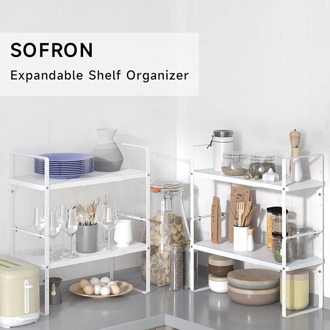 Expandable Cabinet Storage Shelf Stackable Organizer Rack for Kitchen Bathroom Pantry Spice Cupboard Coffee Countertop Home Office Desk Heavy Duty Nonslip White Large 1 Pack