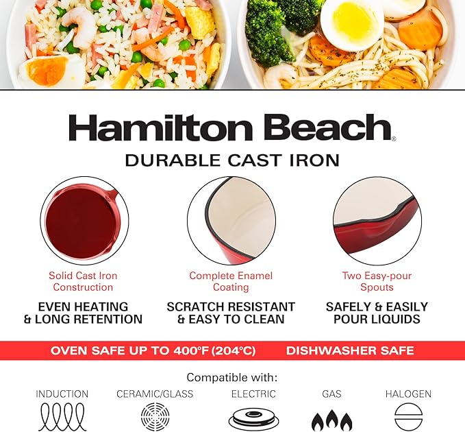 Hamilton Beach Enameled Cast Iron Fry Pan 8-Inch Red, Cream Enamel coating, Skillet Pan For Stove top and Oven, Even Heat Distribution, Safe Up to 400 Degrees, Durable