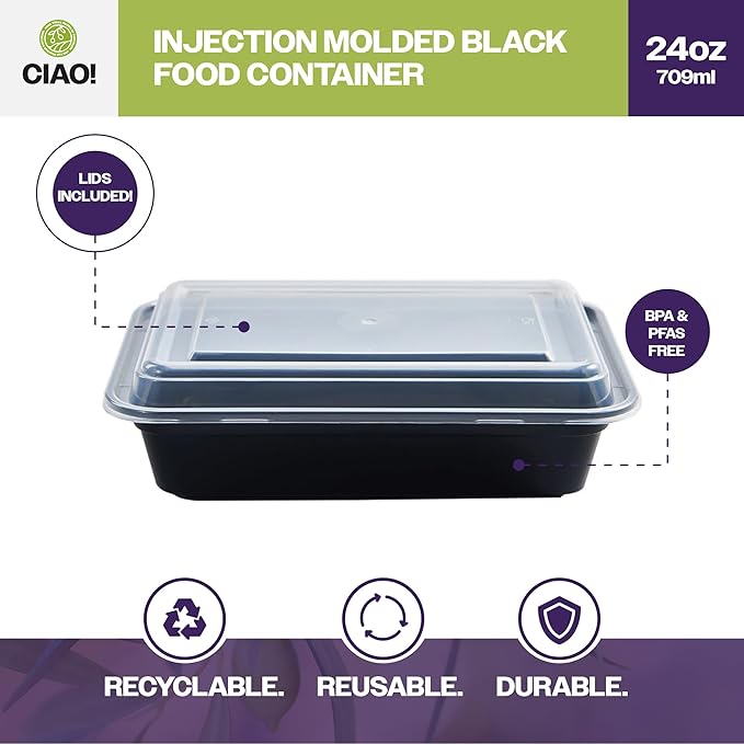 CIAO! Heavy Weight 24oz Injection Molded Microwavable Black Rectangular Food Container With Lid (150/case)