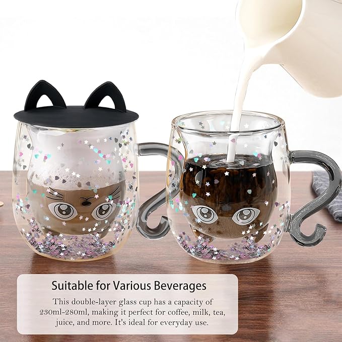 Gifts for Women Cat Gifts Double Walled Glass Coffee Latte Cup Cute Stuff Black Cat Mug Gifts for Her Christmas Stocking Fillers,Birthday,Valentines,Halloween Presents for Women,Men,Kid,Mum,Teacher