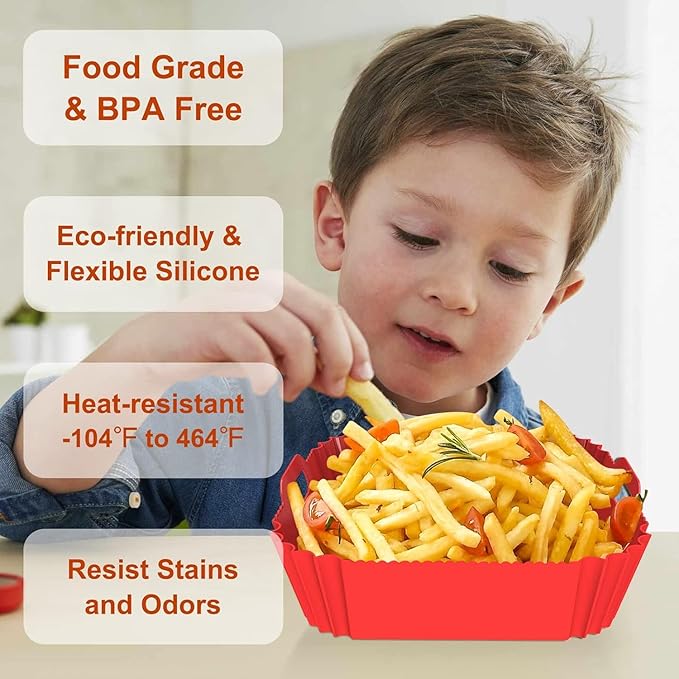 Large Silicone Air Fryer Liners Square 5-9 QT, 7.9 Inch Reusable Airfryer Liners Air Fryer Silicone Liners Pot Oven Liner Baking Tray, Air Fryer Basket Silicone Mat Bowl Air Fryer Accessories, 2 Pack