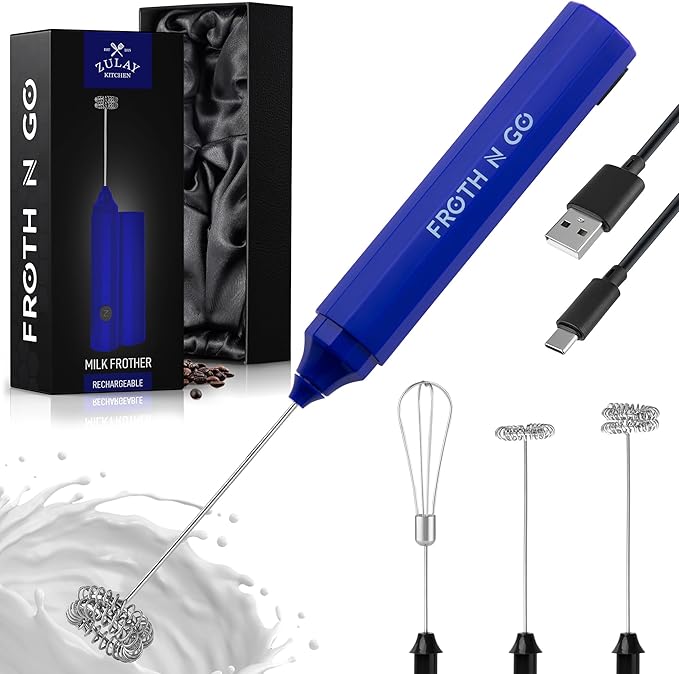 Zulay Froth N Go Milk Frother – Rechargeable 3-in-1 Handheld Frother Wand with Travel Case & USB-C Charger – Single, Double & Egg Whisk for Latte, Cappuccino, Matcha, Protein Shakes – Royal Blue