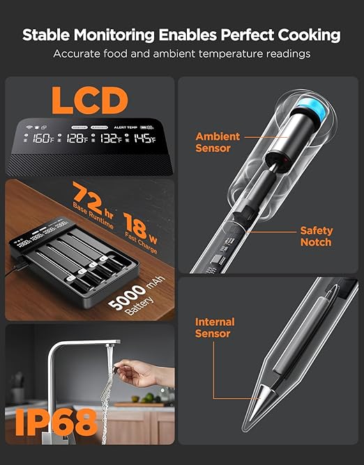 GoveeLife Bluetooth Wireless Meat Thermometer with 4 Probes, WiFi Unlimited Range, ±1.8℉ Accuracy, IP68 Waterproof Real Time Monitoring Digital Food Thermometer for Kitchen, BBQ, Grill, Oven, Smoker