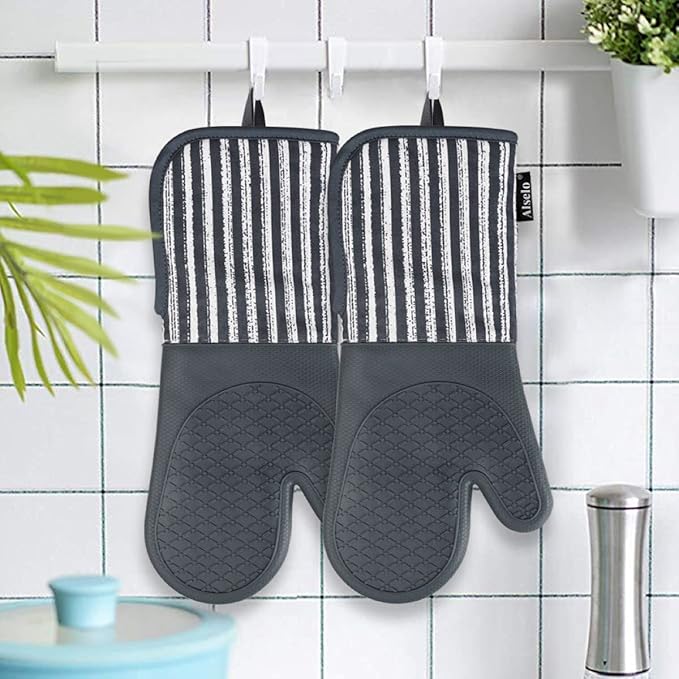 Silicone Oven Mitts Heat Resistant 932℉ with Waterproof & Non-Slip Kitchen Mittens, Set of 2 Extra Long Oven Gloves with Soft Cotton Terry Lining for Baking Cooking Barbecue