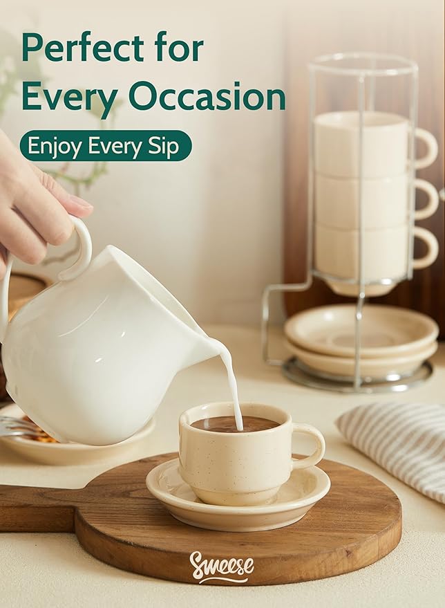Sweese Porcelain Espresso Cups Set, 2.5 oz, Stackable with Saucers Metal Stand, Beige, 4 Pack
