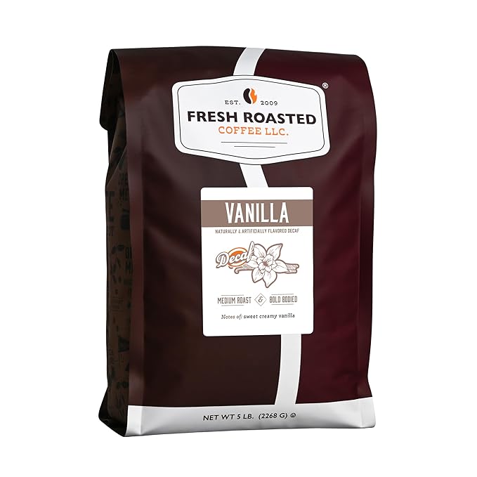 Fresh Roasted Coffee, Decaf Vanilla Flavored Coffee, 5 lb (80 oz), Medium Roast, Kosher, Whole Bean