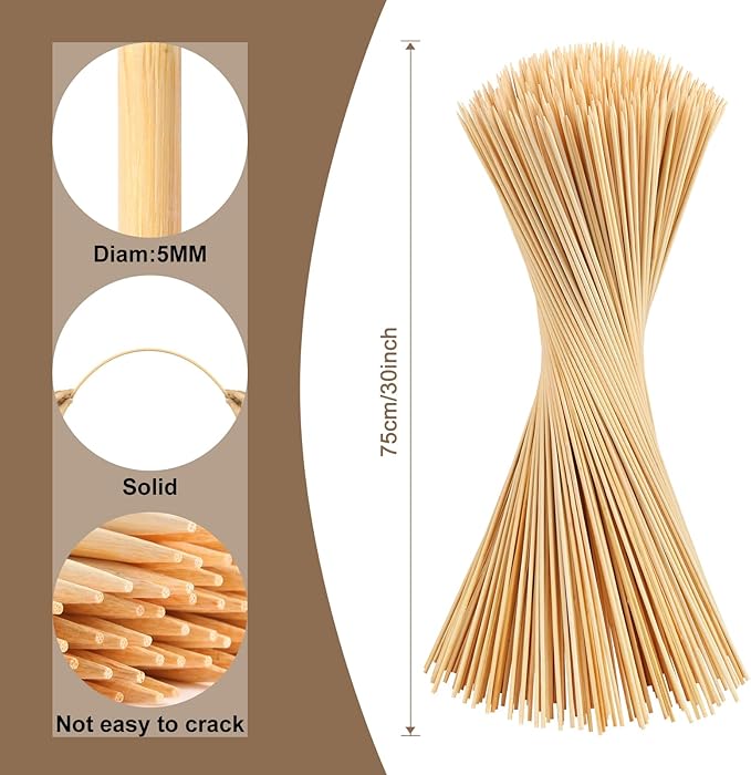 300 Pack Marshmallow Roasting Sticks, 30 Inch Smores Stick Extra Long for Fire Pit, 5mm Thick Bamboo Barbecue Skewers Outdoor for BBQ Kabob Grilling, Campfire, Hotdog, Plant Support