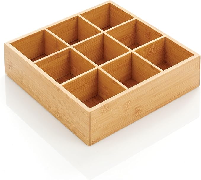 mDesign Bamboo Kitchen Pantry Storage Organizer Box - 9 Divided Sections, Open Top, Decorative Holder for Tea Bags, Snack Packets, Small Items, Accessories, Echo Collection - Natural Wood/Tan