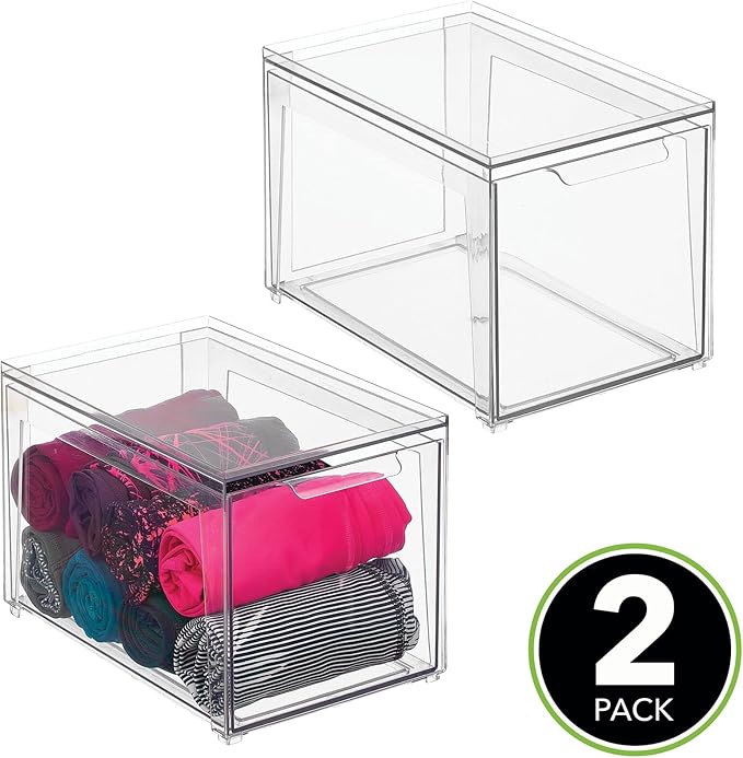 mDesign Plastic Stackable Closet Storage Organizer Bins with Pull Out Drawer for Cabinet, Desk, Shelf, Cupboard, or Dresser Organization - Lumiere Collection - 2 Pack - Clear