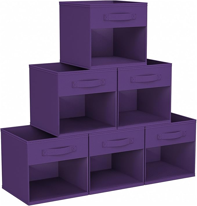 DIMJ Storage Cubes, Cube Storage Bin, 6 Pack Foldable Baskets with Window, Closet Storage Bins with Handle, 11x 11 inch Storage Cubes for Clothes, Toys, Books (Purple)